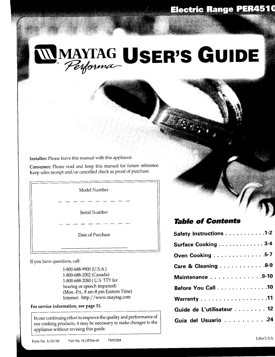 Maytag PERFORMA PER4510 User Manual | 10 pages
