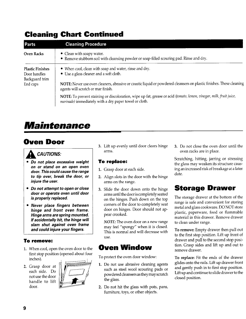 Parts, Cleaning procedure, Maintenance | Cleaning chart continued, Oven door, Oven window, Storage drawer | Maytag PERFORMA PER4510 User Manual | Page 10 / 10