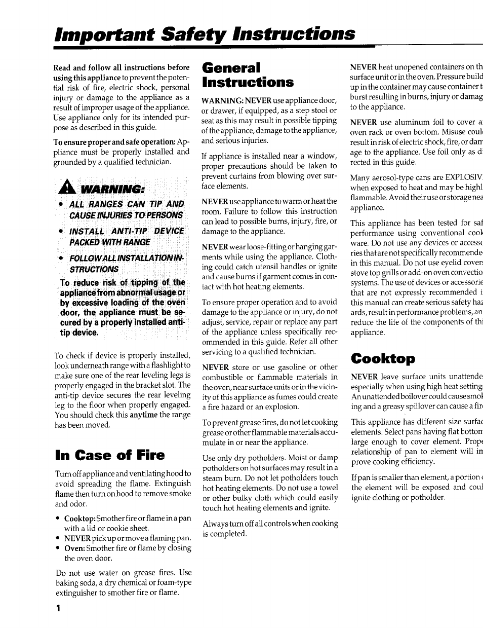 Important safety instructions, General instructions, Cooktop | Warmmg | Maytag PERFORMA PER4510 User Manual | Page 2 / 10