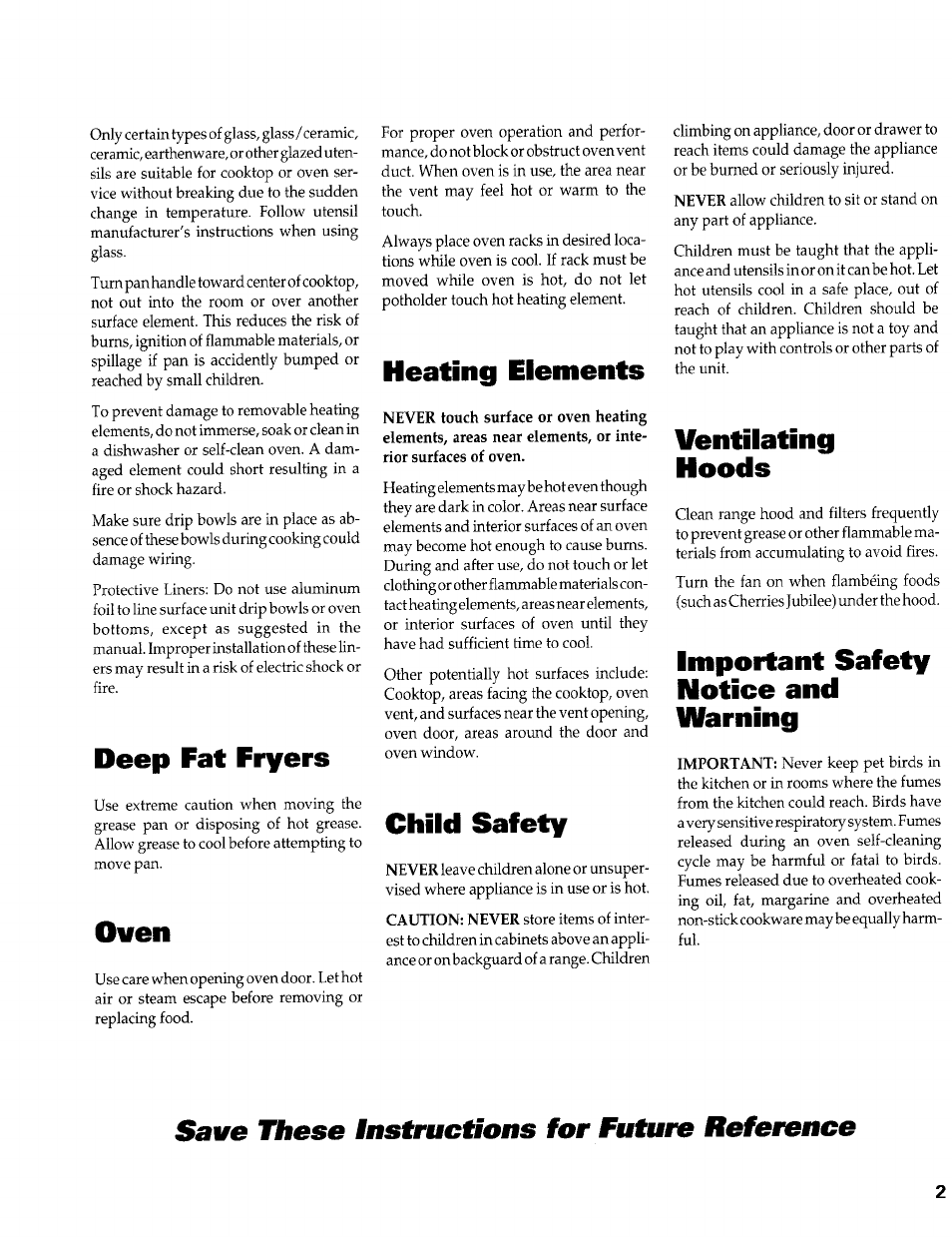 Save these instructions for future reference, Deep fat fryers, Oven | Heating elements, Child safety, Ventilating hoods, Important safety notice and warning | Maytag PERFORMA PER4510 User Manual | Page 3 / 10