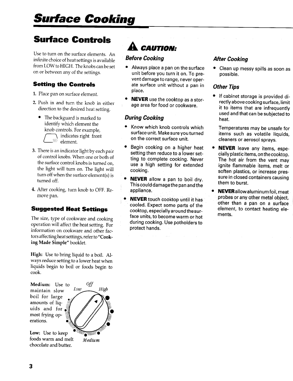 Suriace cooking, Surface controls, Caution: before cooking | During cooking, After cooking, Other tips | Maytag PERFORMA PER4510 User Manual | Page 4 / 10
