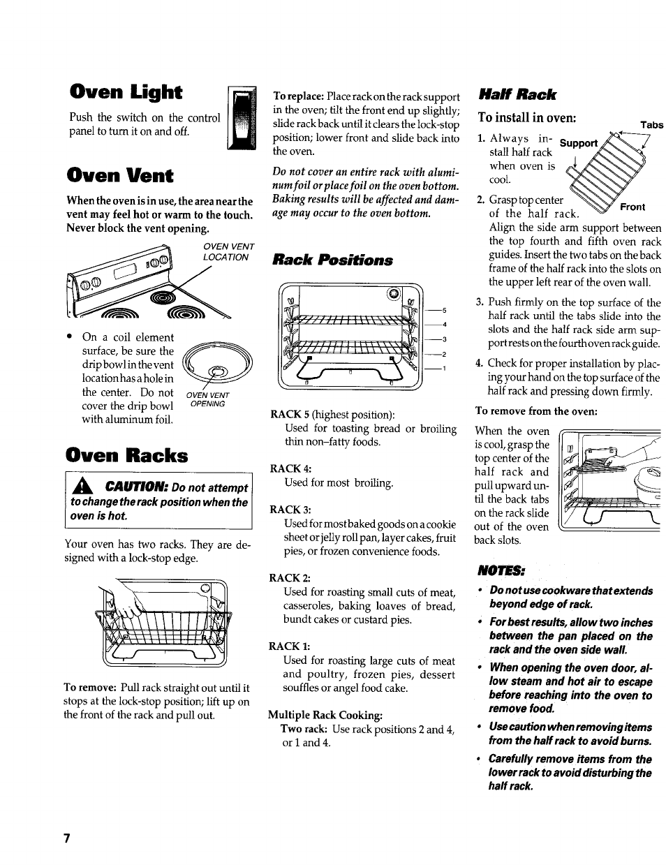 Rack posmons, Half rack, Oven light | Oven vent, Oven racks a, Caution | Maytag PERFORMA PER4510 User Manual | Page 8 / 10