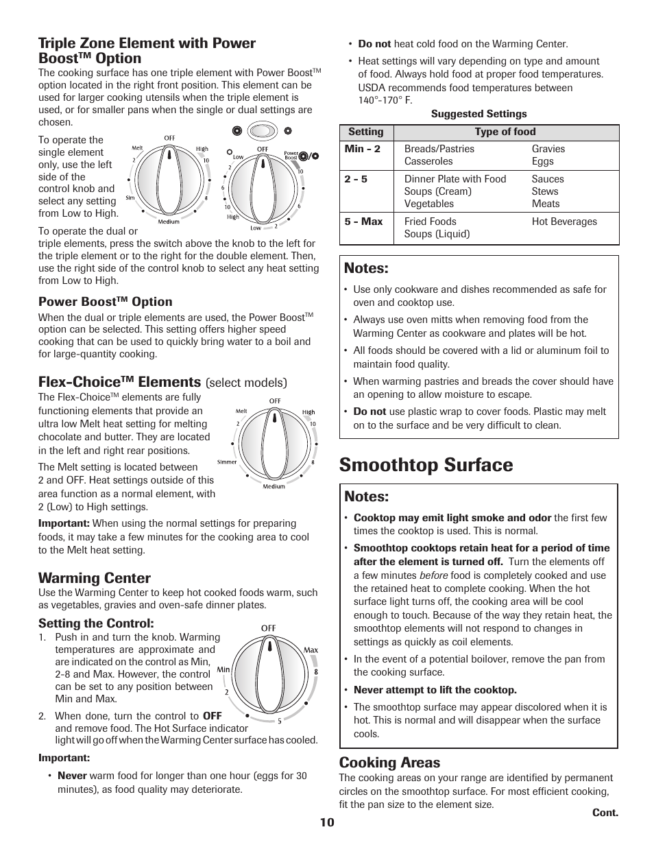 Smoothtop surface, Warming center, Flex-choice | Elements, Triple zone element with power boost, Option, Cooking areas | Maytag MER5775RAW User Manual | Page 11 / 20