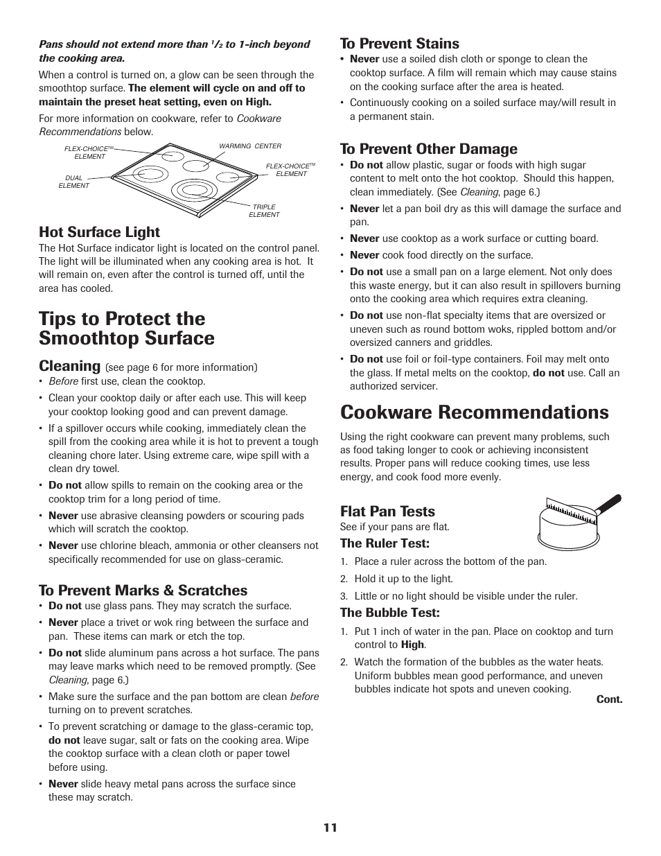 Tips to protect the smoothtop surface, Cookware recommendations, Cleaning | Flat pan tests, Hot surface light | Maytag MER5775RAW User Manual | Page 12 / 20