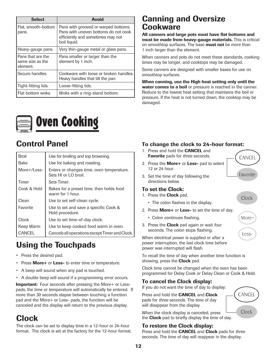 Oven cooking, Canning and oversize cookware, Control panel using the touchpads | Clock | Maytag MER5775RAW User Manual | Page 13 / 20