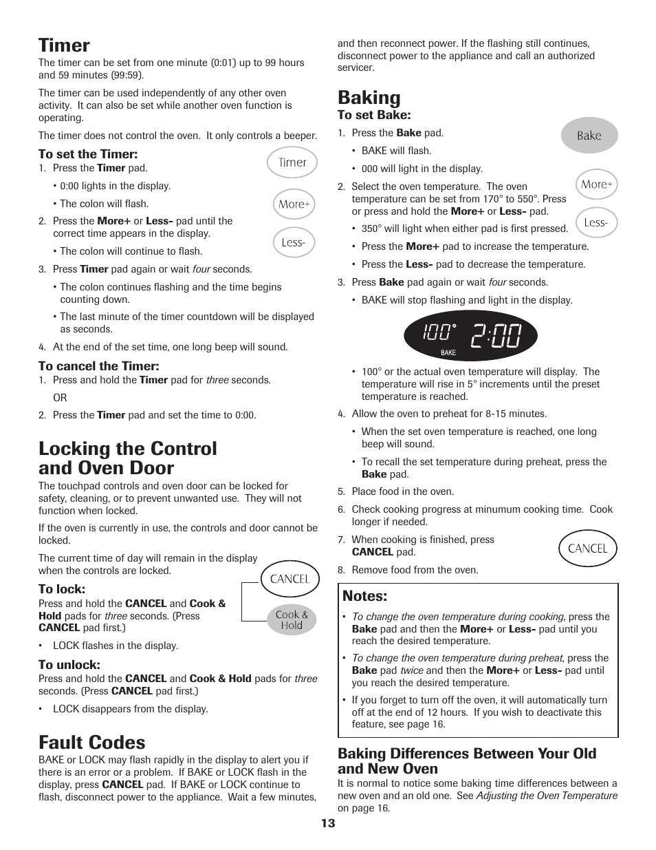 Timer, Locking the control and oven door, Fault codes | Baking, Baking differences between your old and new oven | Maytag MER5775RAW User Manual | Page 14 / 20