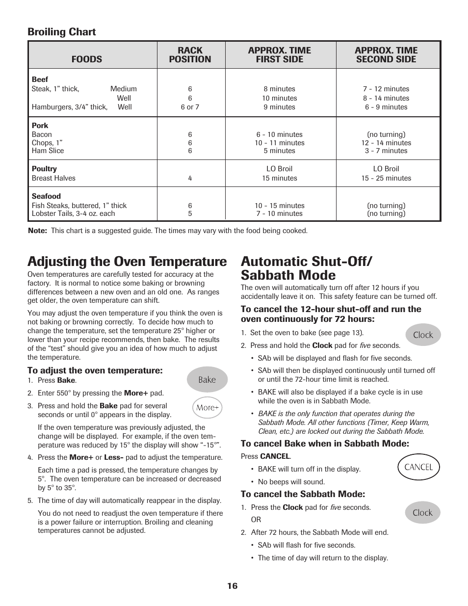 Adjusting the oven temperature, Automatic shut-off/ sabbath mode, Broiling chart | Maytag MER5775RAW User Manual | Page 17 / 20
