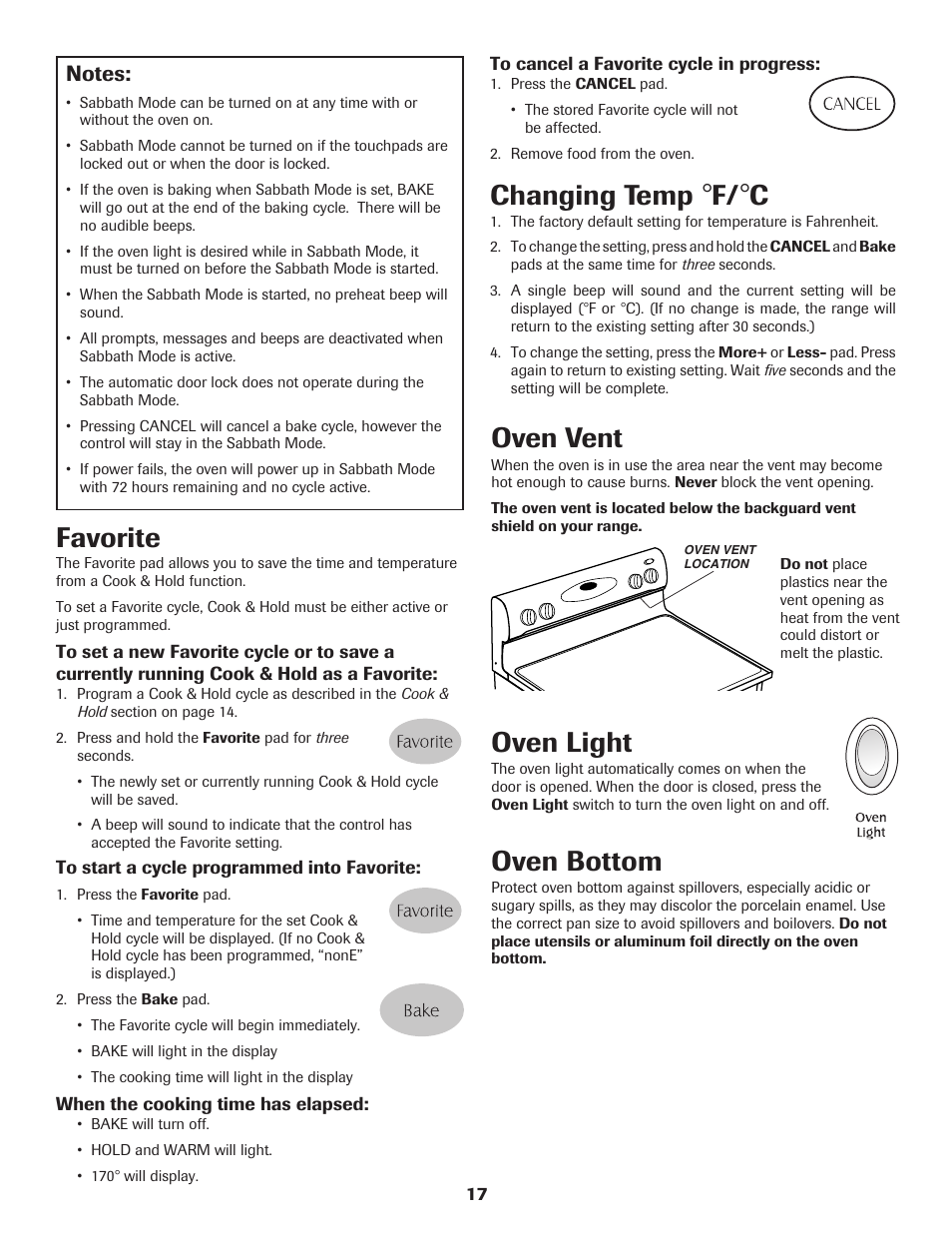 Changing temp, Favorite, Oven light | Oven bottom, Oven vent | Maytag MER5775RAW User Manual | Page 18 / 20