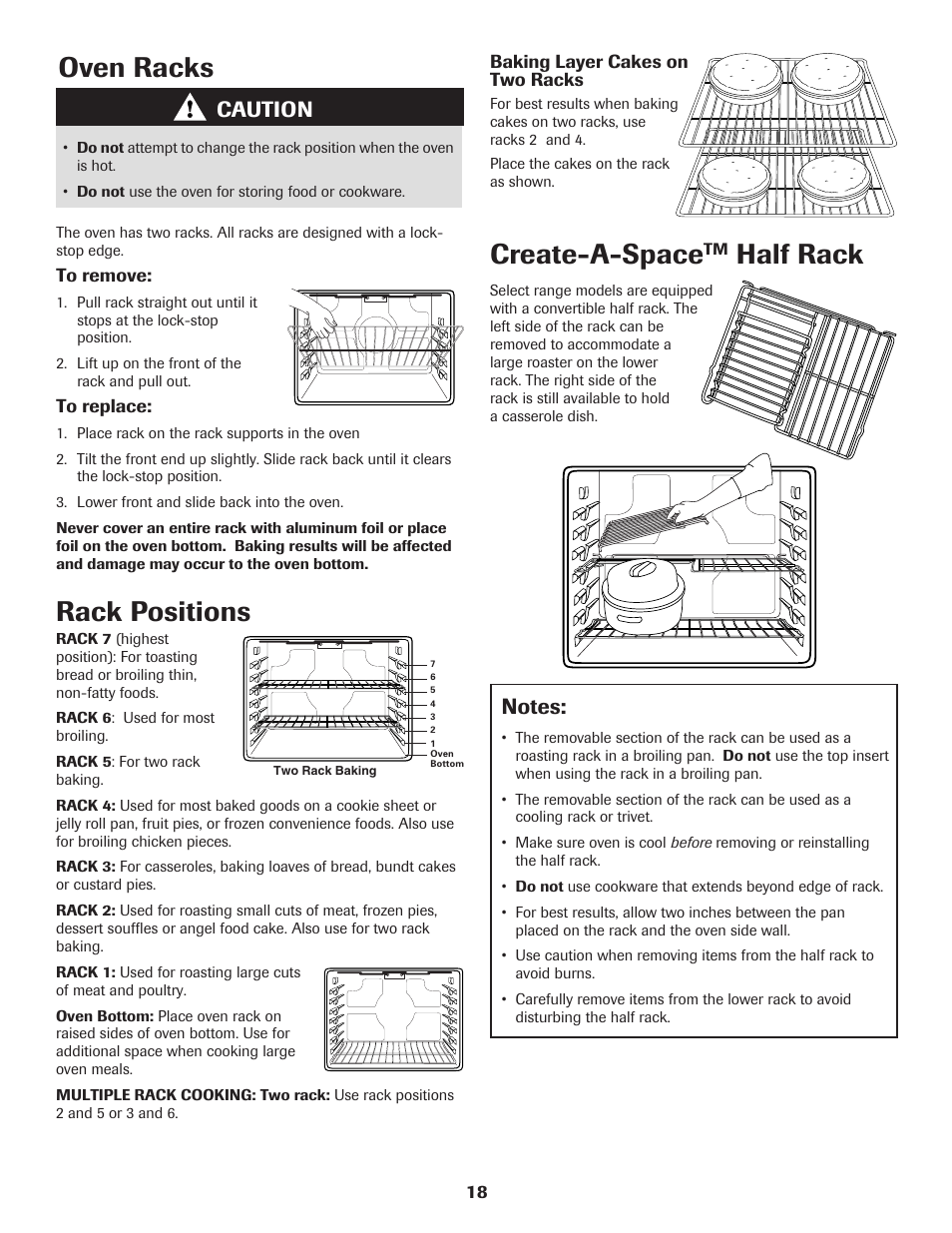 Oven racks, Rack positions, Create-a-space | Half rack, Caution | Maytag MER5775RAW User Manual | Page 19 / 20