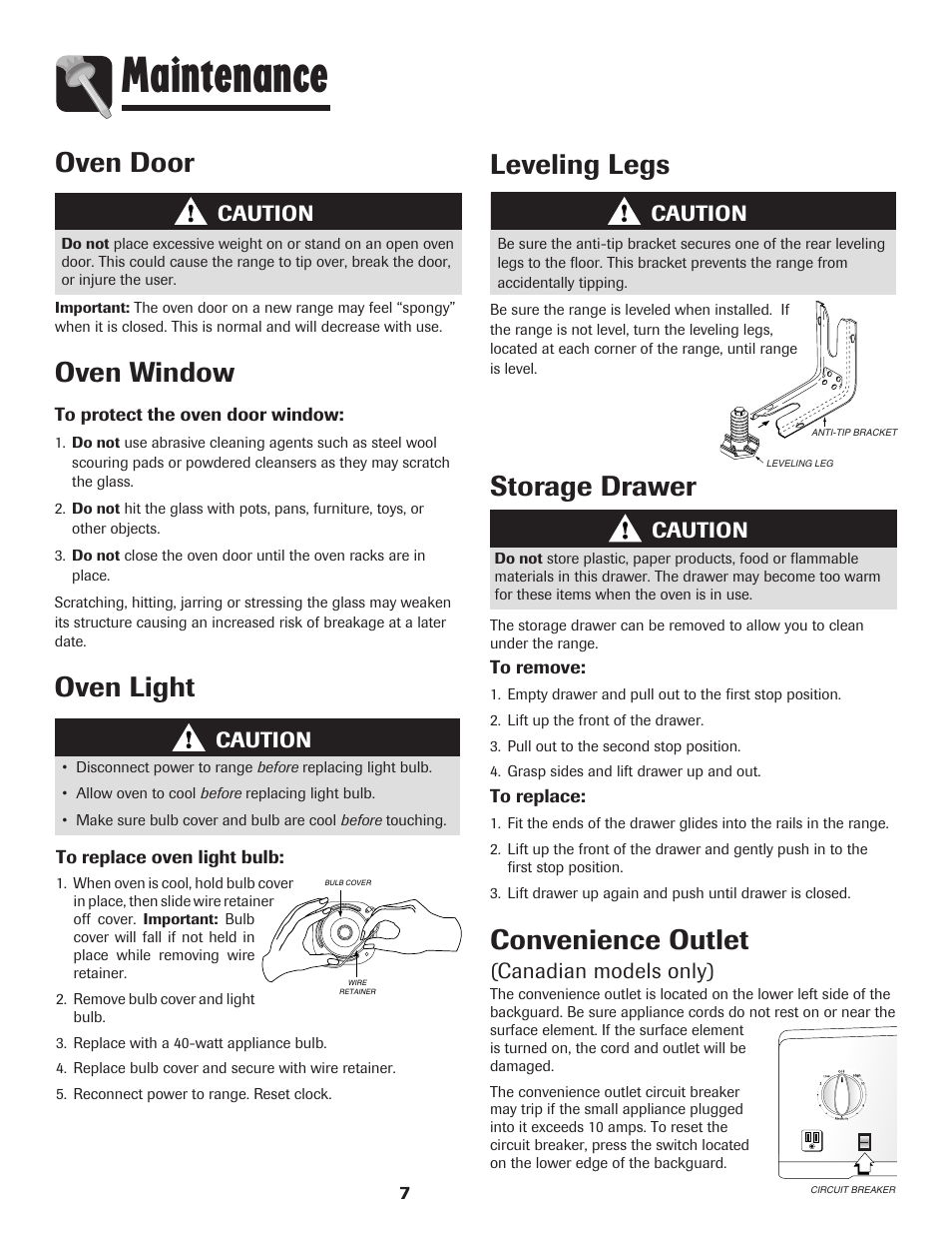 Maintenance, Oven door, Oven window | Leveling legs, Oven light, Storage drawer, Convenience outlet, Caution, Canadian models only) | Maytag MER5775RAW User Manual | Page 8 / 20