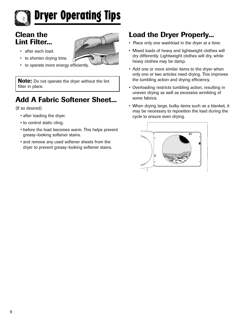 Dryer operating tips, Clean the lint filter, Load the dryer properly | Add a fabric softener sheet | Maytag LSG7806AAE User Manual | Page 10 / 48