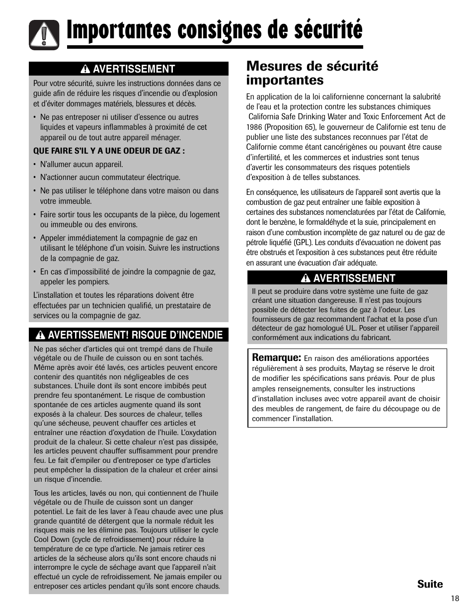 Importantes consignes de sécurité, Mesures de sécurité importantes, Suite | Avertissement avertissement! risque d’incendie, Remarque, Avertissement | Maytag LSG7806AAE User Manual | Page 19 / 48