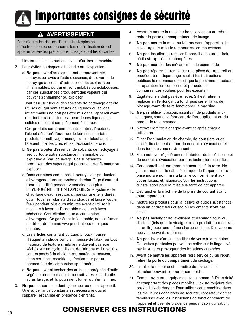 Importantes consignes de sécurité, Conserver ces instructions, Avertissement | Maytag LSG7806AAE User Manual | Page 20 / 48