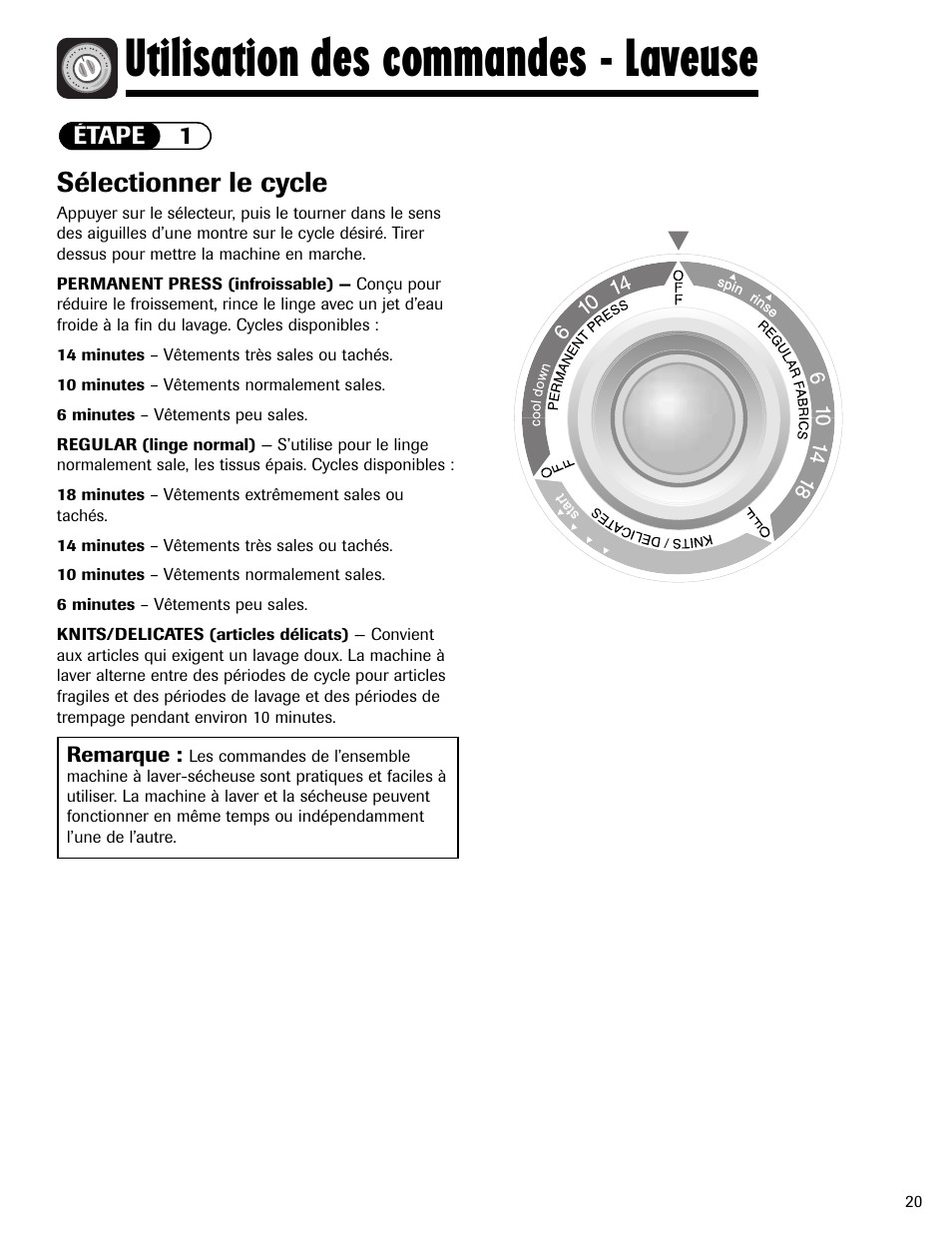 Utilisation des commandes - laveuse, Sélectionner le cycle, Étape 1 | Remarque | Maytag LSG7806AAE User Manual | Page 21 / 48
