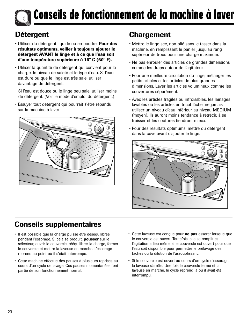 Conseils de fonctionnement de la machine à laver, Chargement, Détergent | Conseils supplementaires | Maytag LSG7806AAE User Manual | Page 24 / 48