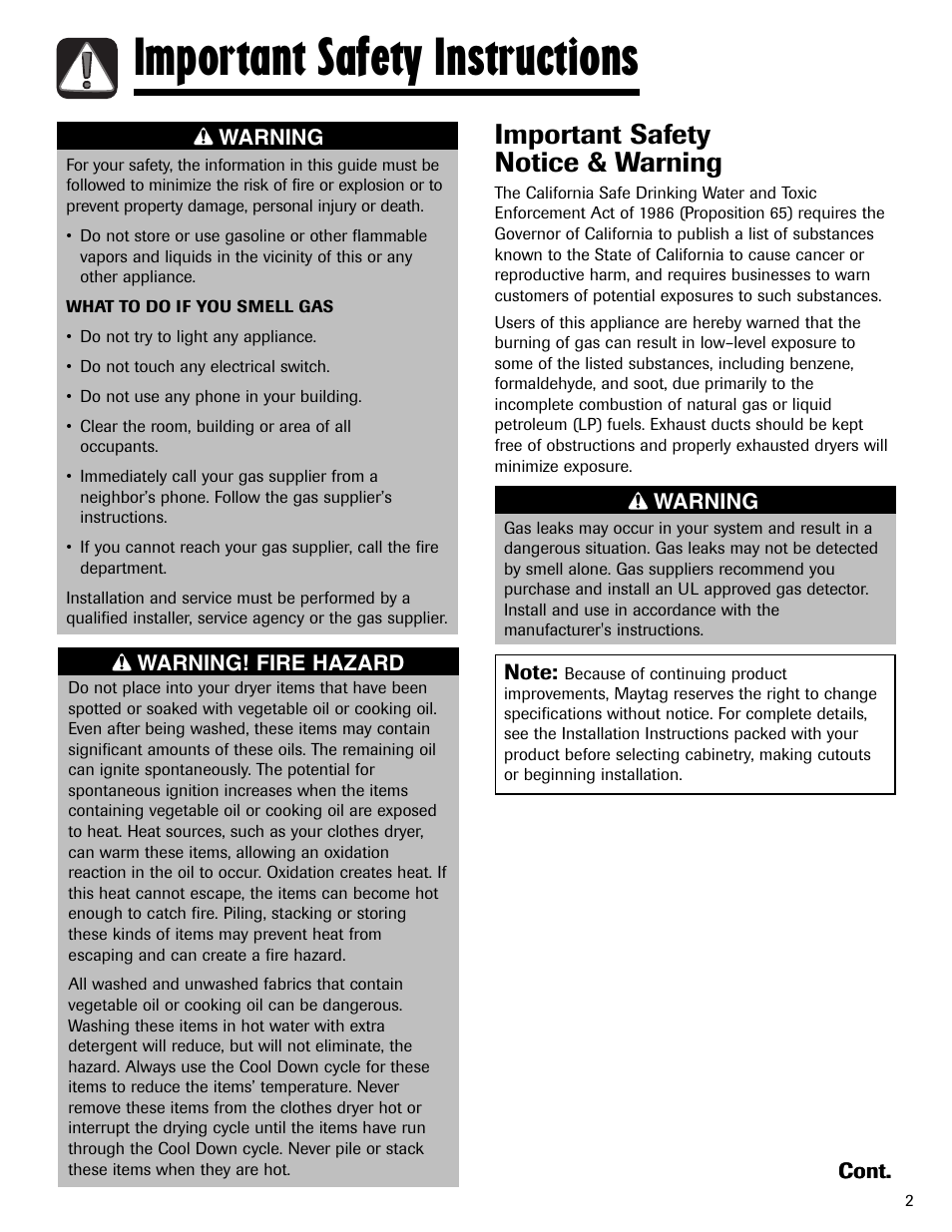 Important safety instructions, Important safety notice & warning | Maytag LSG7806AAE User Manual | Page 3 / 48