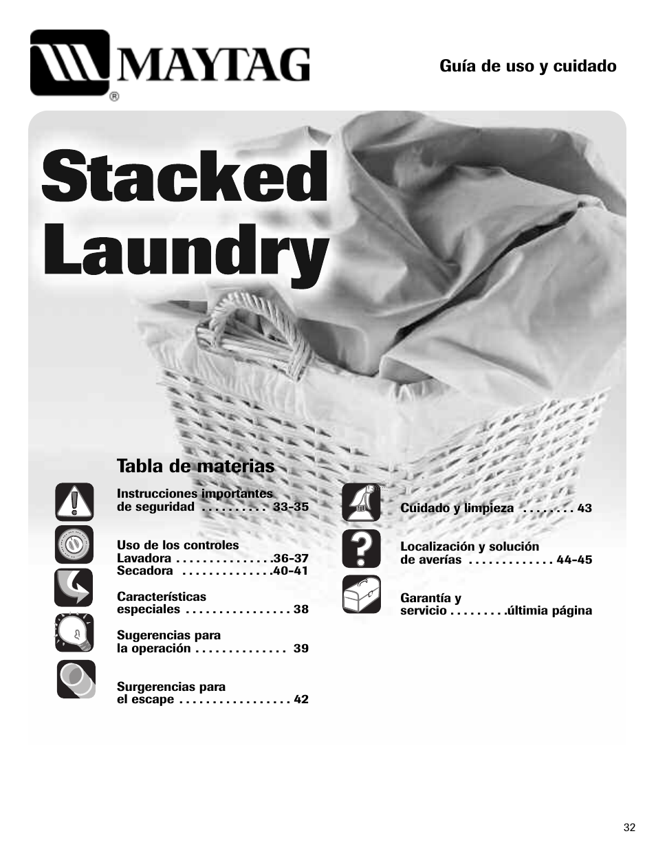 Tabla de materias, Guía de uso y cuidado | Maytag LSG7806AAE User Manual | Page 33 / 48