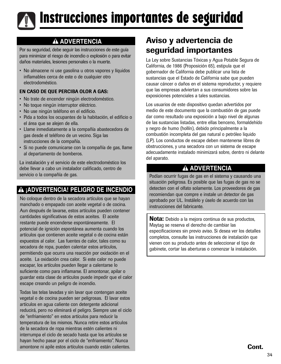 Instrucciones importantes de seguridad, Aviso y advertencia de seguridad importantes, Cont | Advertencia ¡advertencia! peligro de incendio, Advertencia nota | Maytag LSG7806AAE User Manual | Page 35 / 48