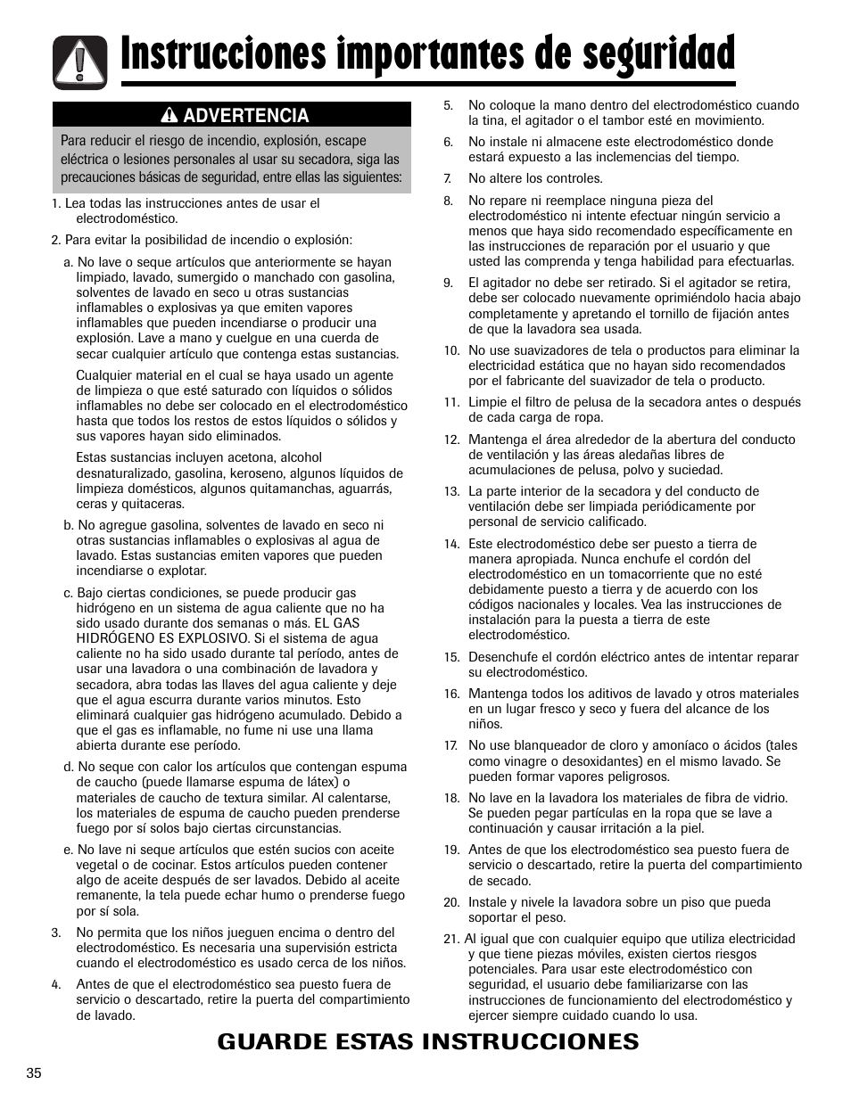 Instrucciones importantes de seguridad, Guarde estas instrucciones, Advertencia | Maytag LSG7806AAE User Manual | Page 36 / 48