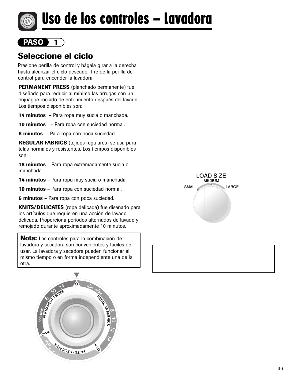Uso de los controles – lavadora, Seleccione el ciclo, Paso 1 | Nota | Maytag LSG7806AAE User Manual | Page 37 / 48