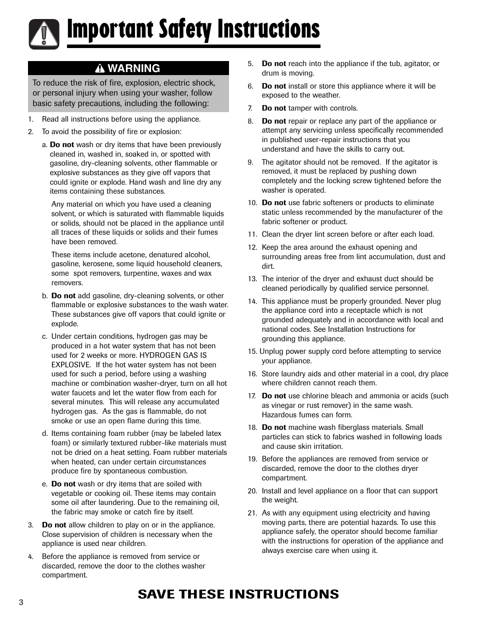 Important safety instructions, Save these instructions, Warning | Maytag LSG7806AAE User Manual | Page 4 / 48