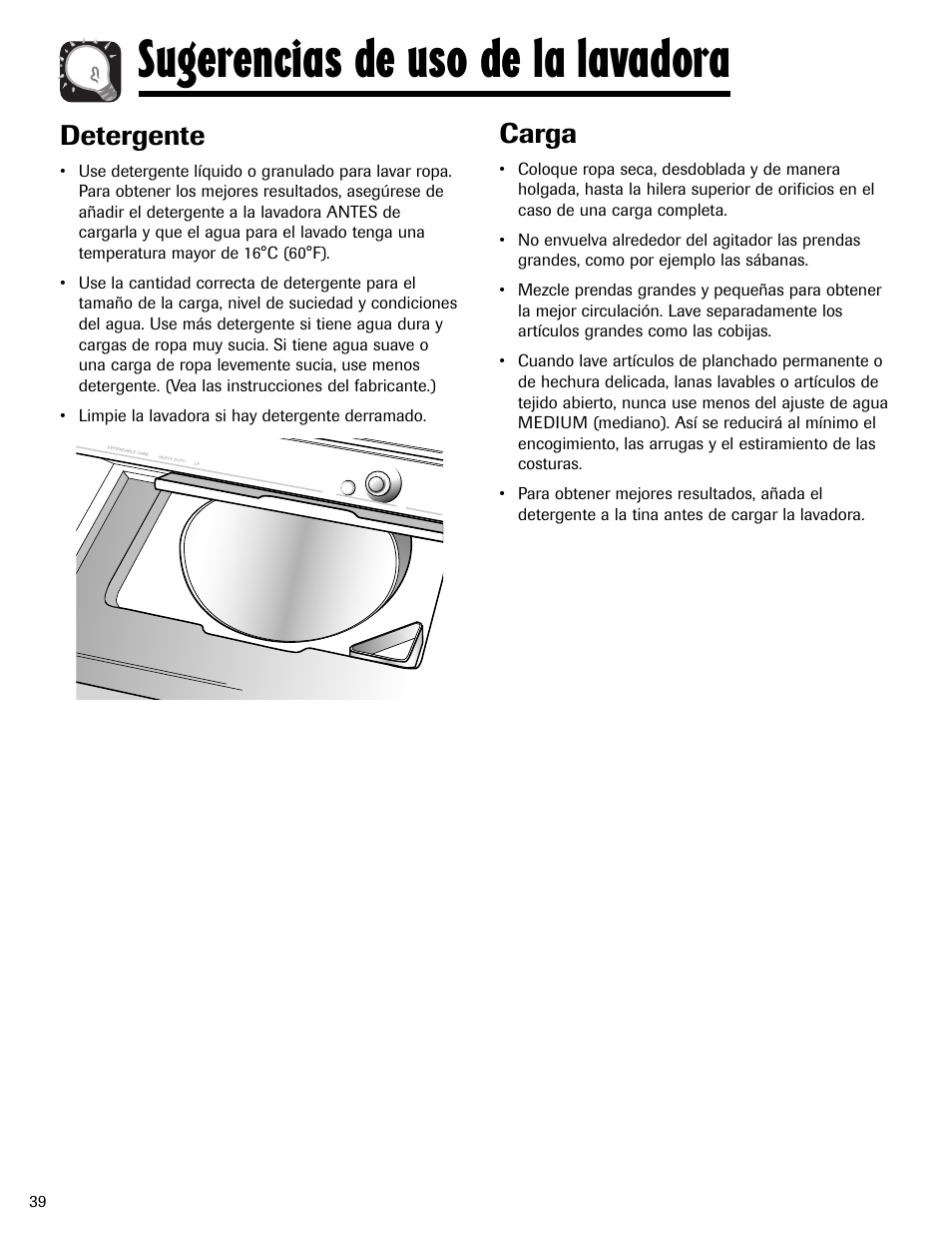 Sugerencias de uso de la lavadora, Carga, Detergente | Maytag LSG7806AAE User Manual | Page 40 / 48