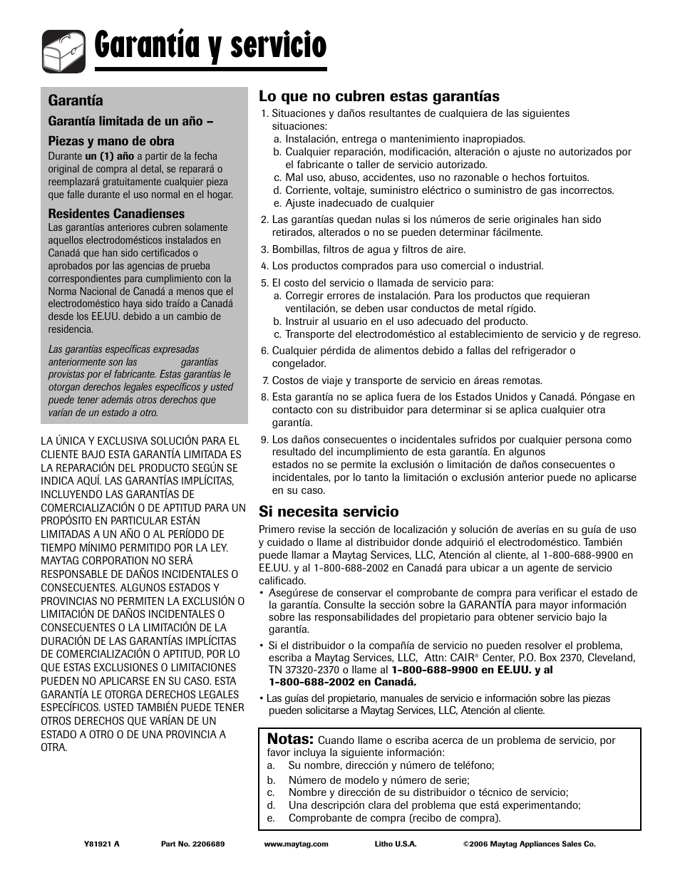 Garantía y servicio, Lo que no cubren estas garantías, Si necesita servicio | Garantía, Notas, Residentes canadienses | Maytag LSG7806AAE User Manual | Page 48 / 48