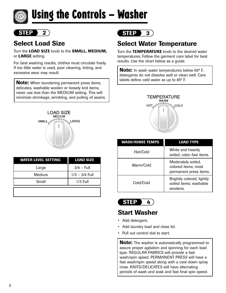 Using the controls – washer, Select load size, Select water temperature | Start washer, Step 2, Step 3, Step 4 | Maytag LSG7806AAE User Manual | Page 6 / 48