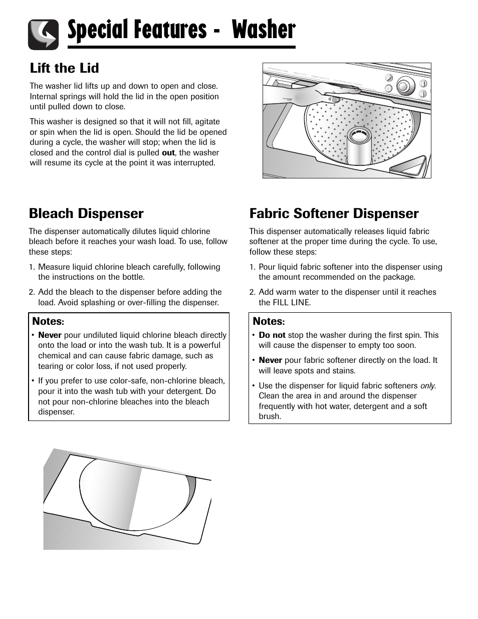 Special features - washer, Lift the lid, Bleach dispenser | Fabric softener dispenser | Maytag LSG7806AAE User Manual | Page 7 / 48