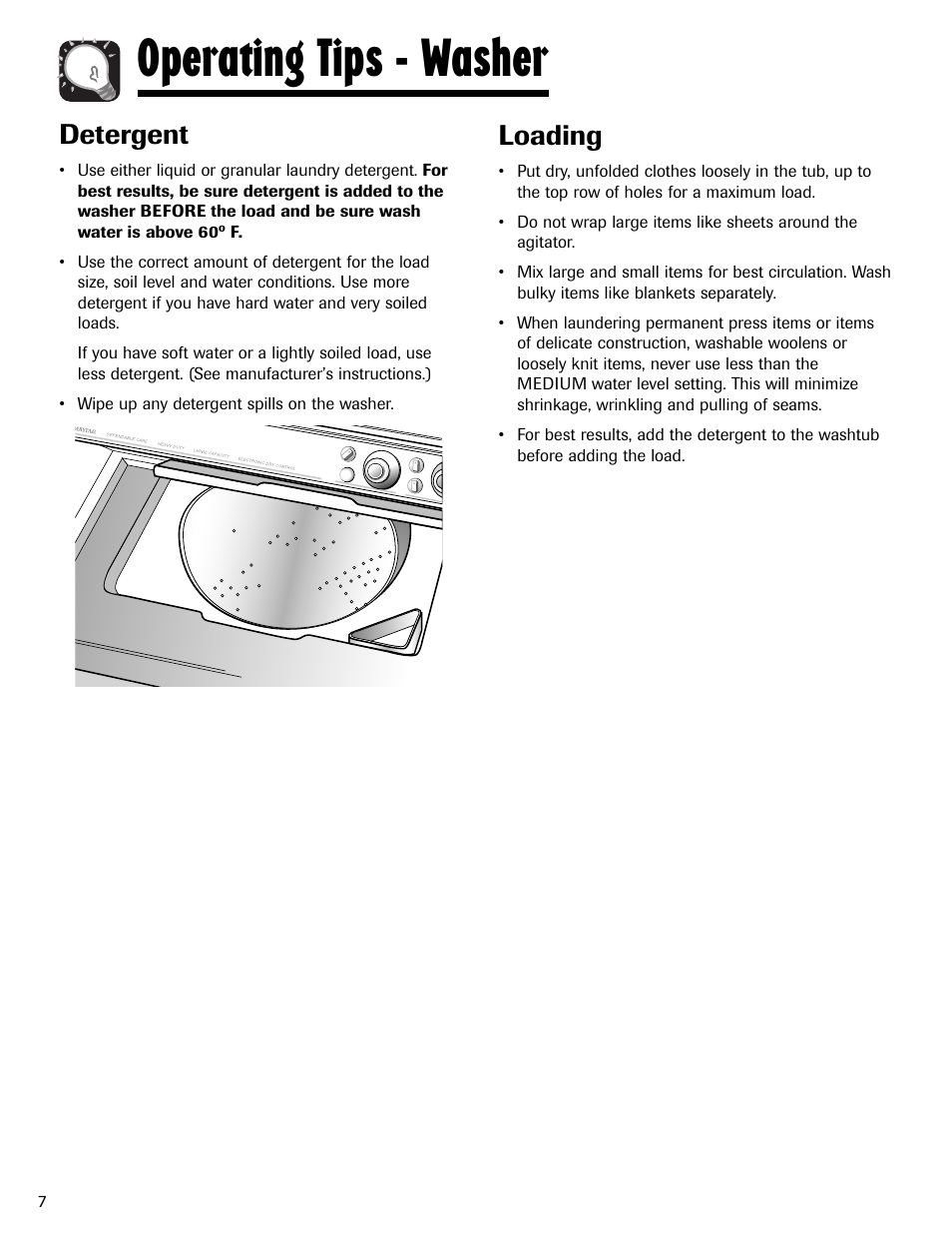 Operating tips - washer, Loading, Detergent | Maytag LSG7806AAE User Manual | Page 8 / 48