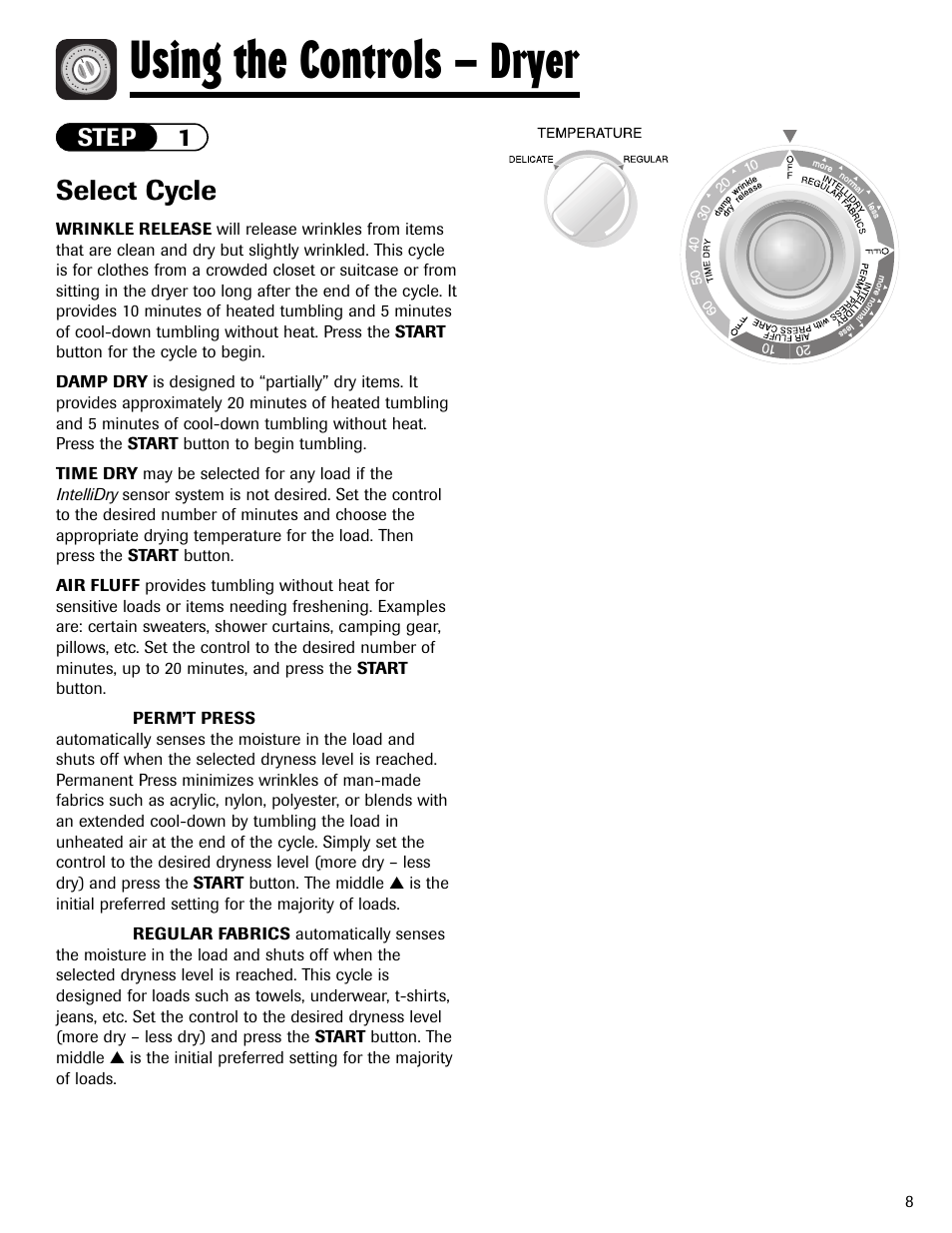 Using the controls, Dryer | Maytag LSG7806AAE User Manual | Page 9 / 48