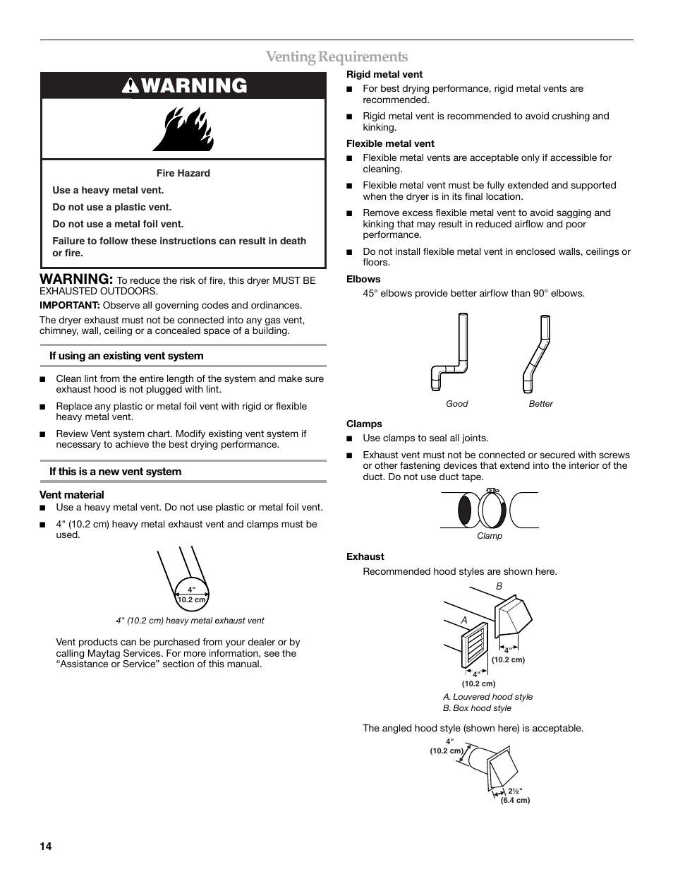 Venting requirements, Warning | Maytag W10099070 User Manual | Page 14 / 76
