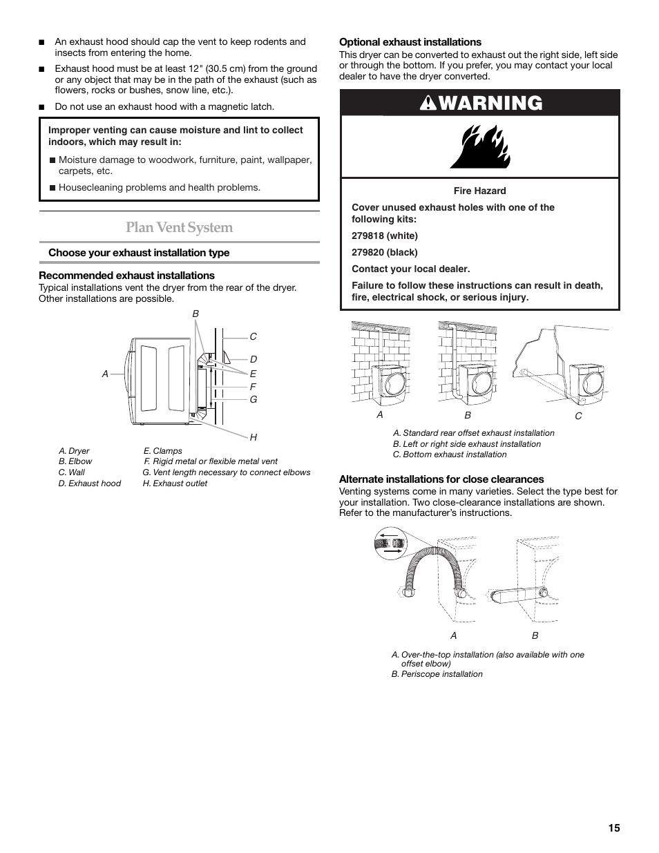 Warning, Plan vent system | Maytag W10099070 User Manual | Page 15 / 76