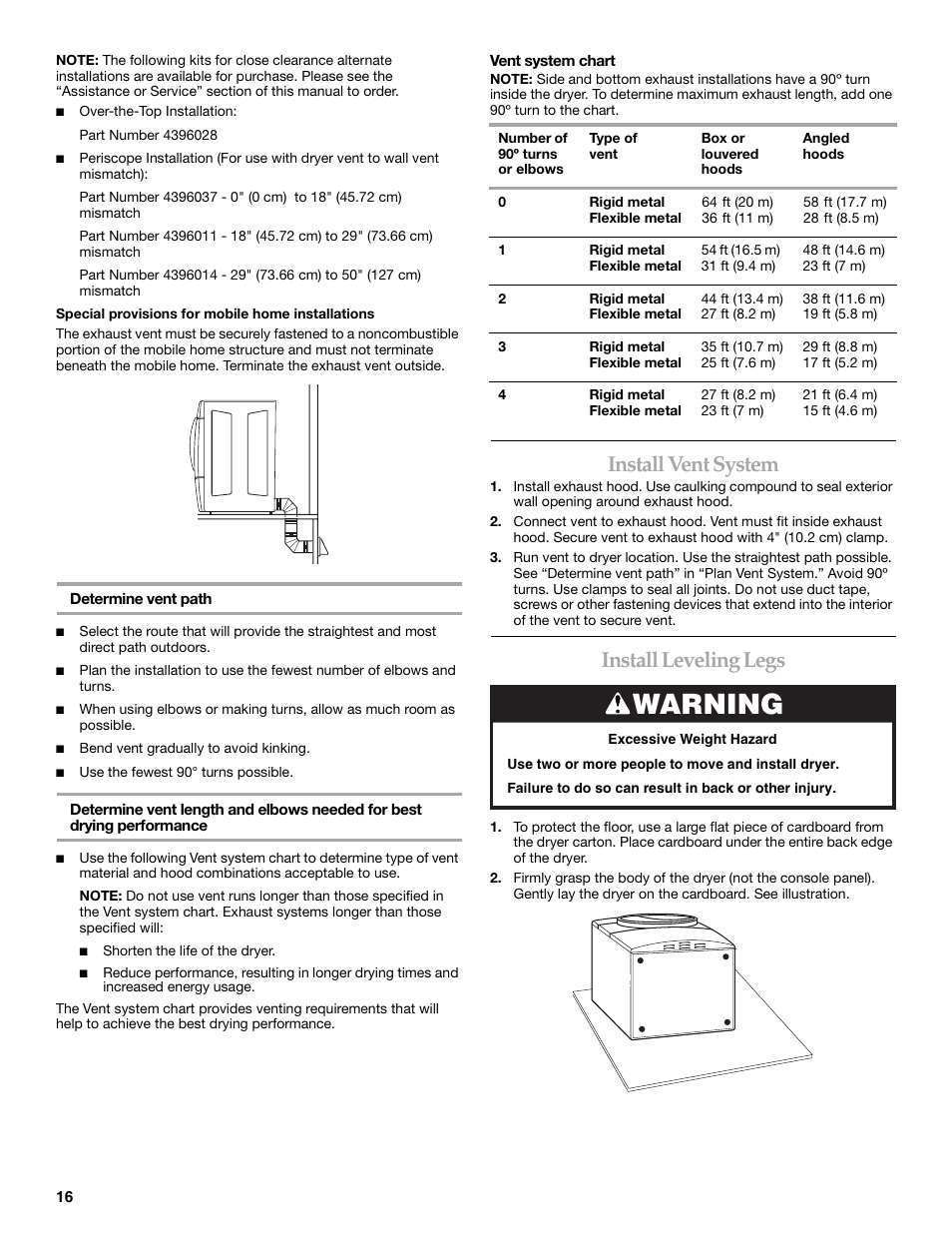 Warning, Install vent system, Install leveling legs | Maytag W10099070 User Manual | Page 16 / 76