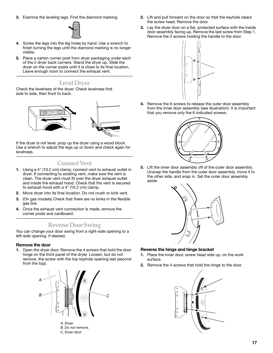 Level dryer, Connect vent, Reverse door swing | Maytag W10099070 User Manual | Page 17 / 76