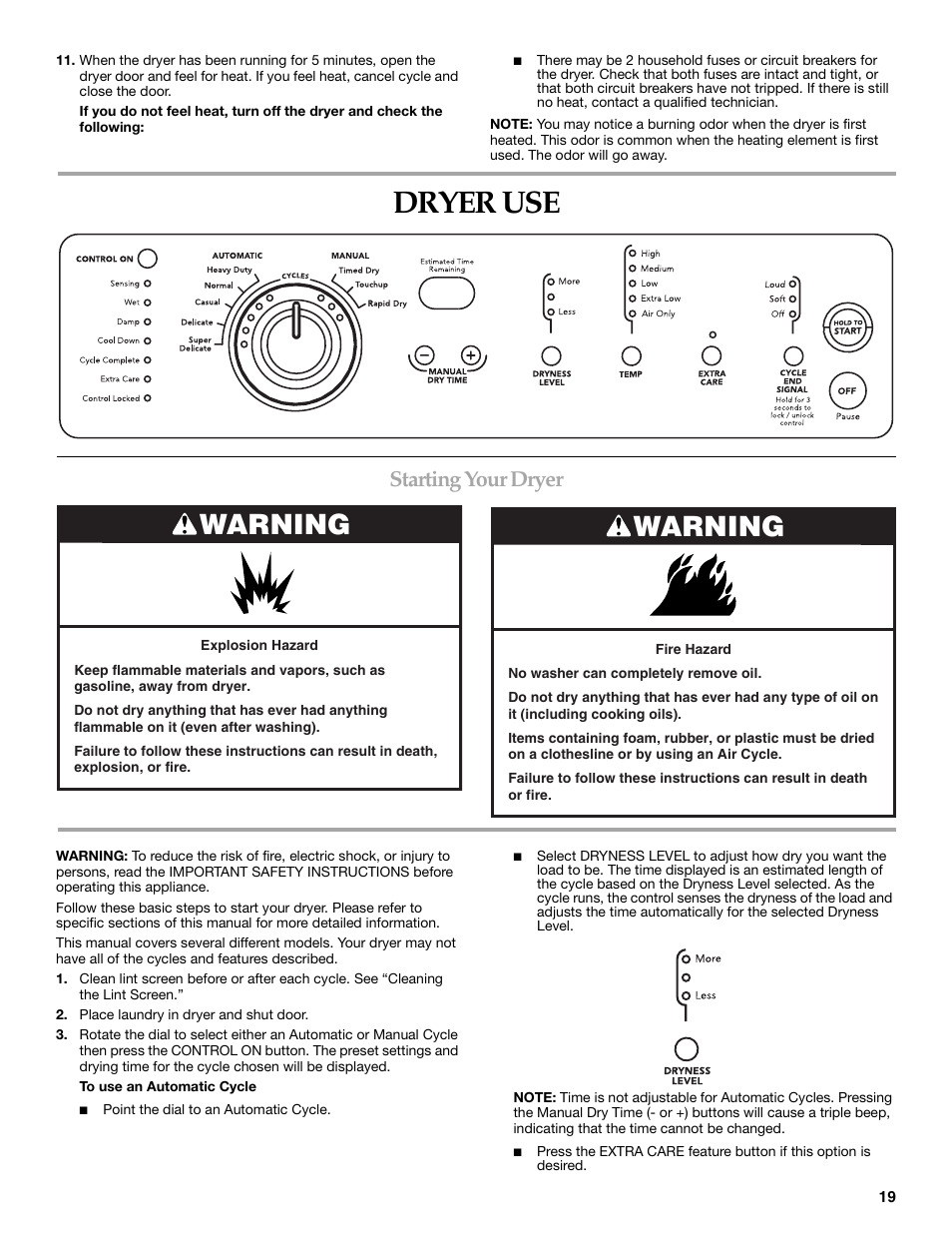 Dryer use, Warning, Starting your dryer | Maytag W10099070 User Manual | Page 19 / 76