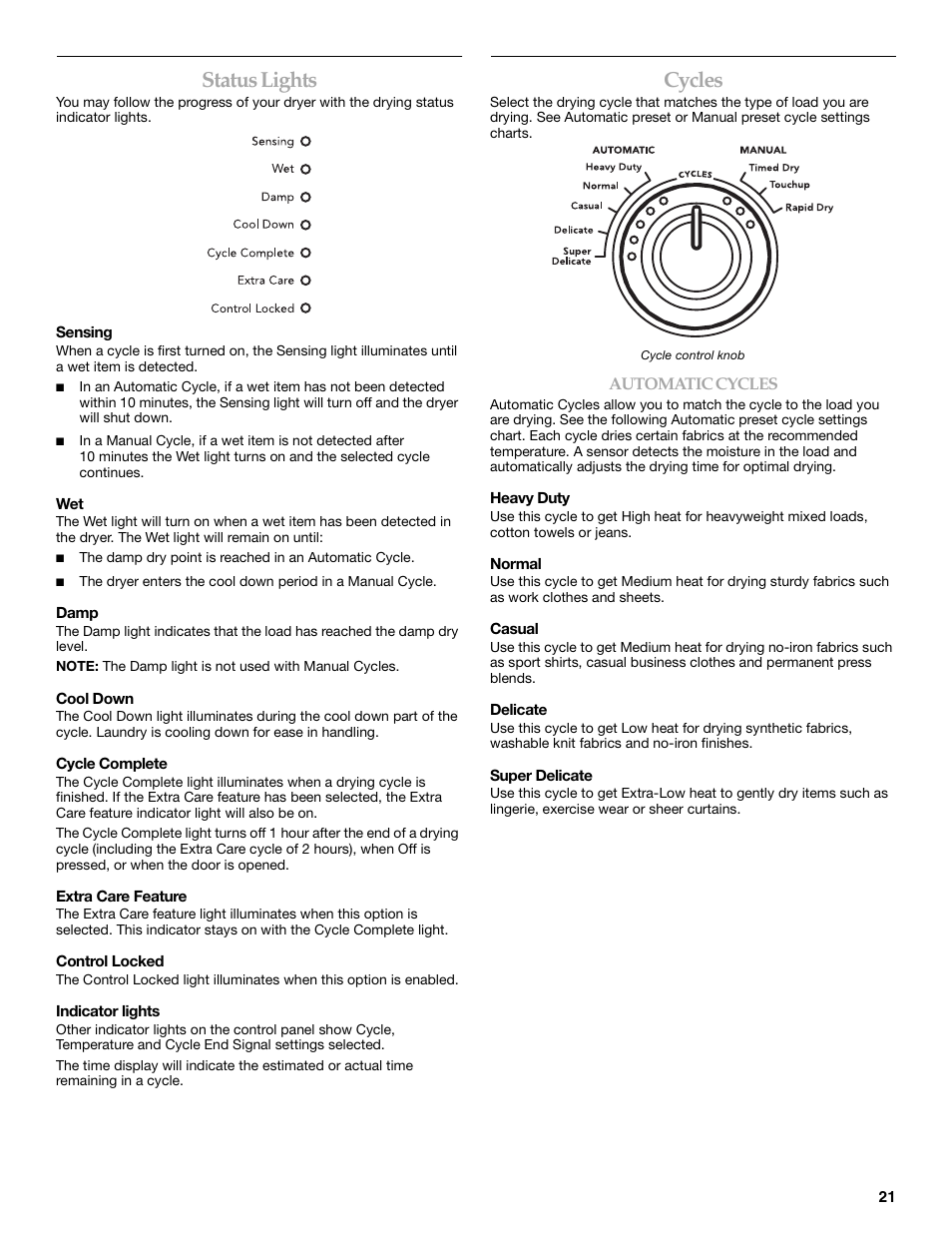 Status lights, Cycles | Maytag W10099070 User Manual | Page 21 / 76