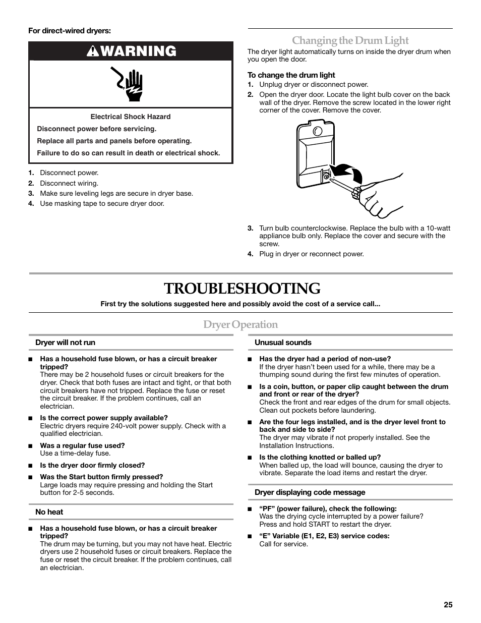 Troubleshooting, Warning, Changing the drum light | Dryer operation | Maytag W10099070 User Manual | Page 25 / 76