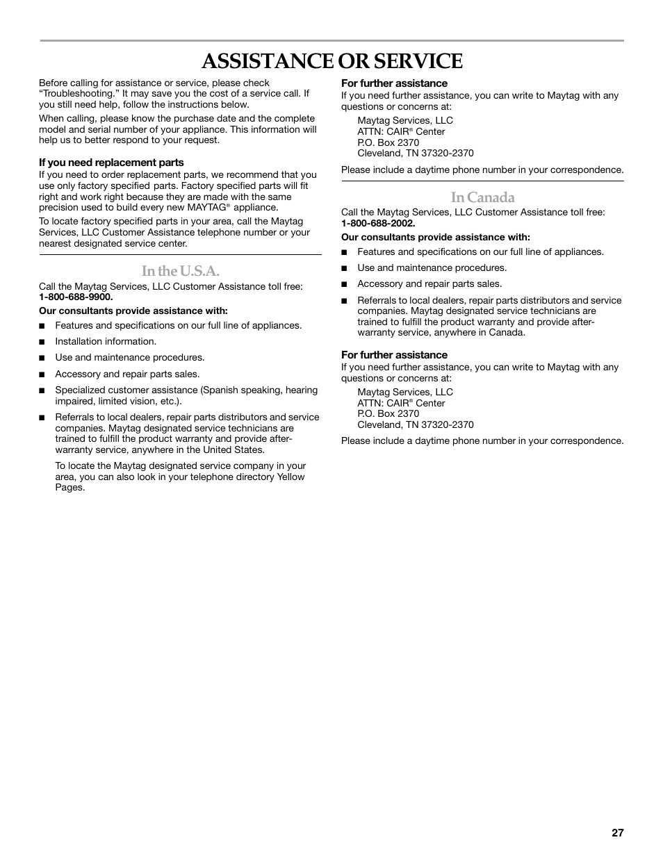 Assistance or service | Maytag W10099070 User Manual | Page 27 / 76