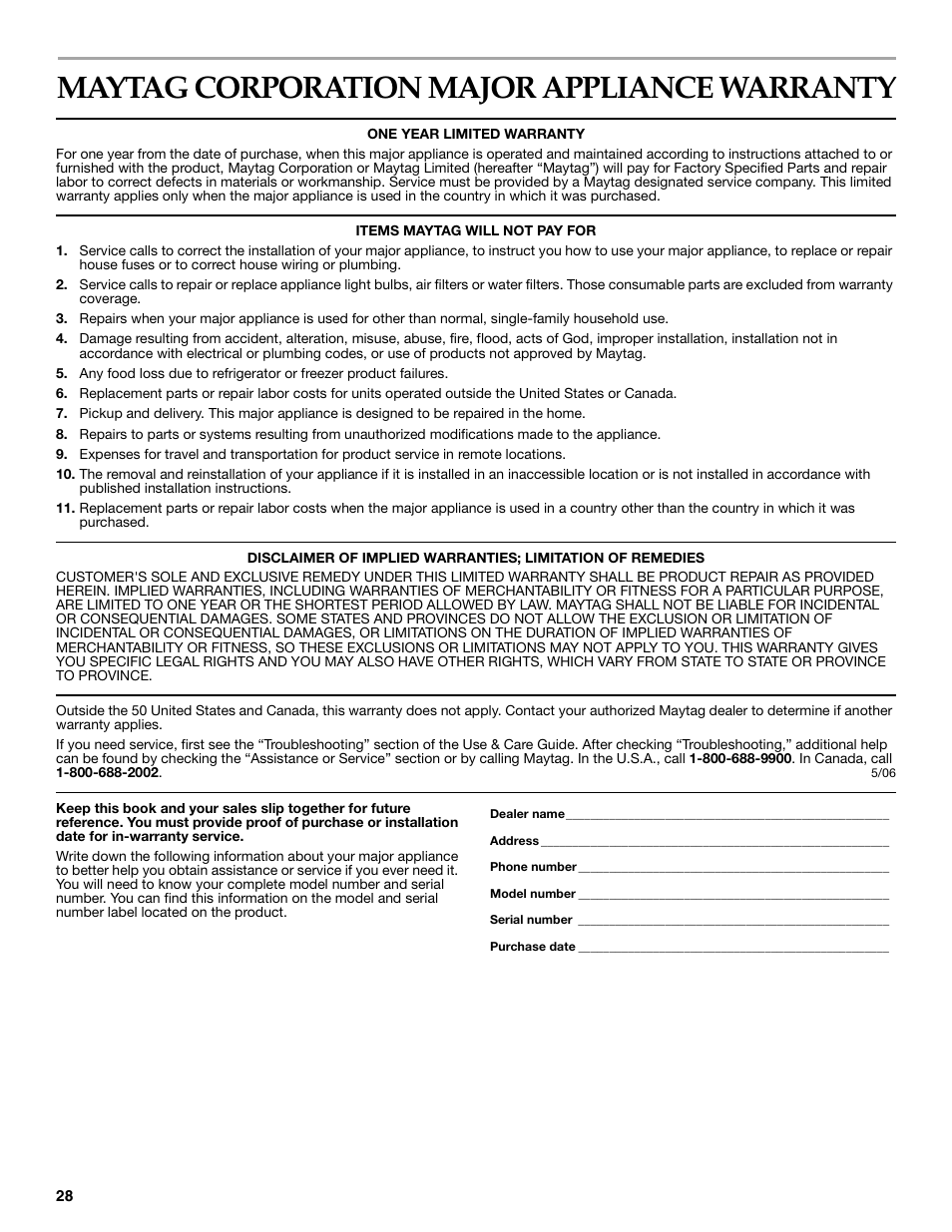 Maytag corporation major appliance warranty | Maytag W10099070 User Manual | Page 28 / 76