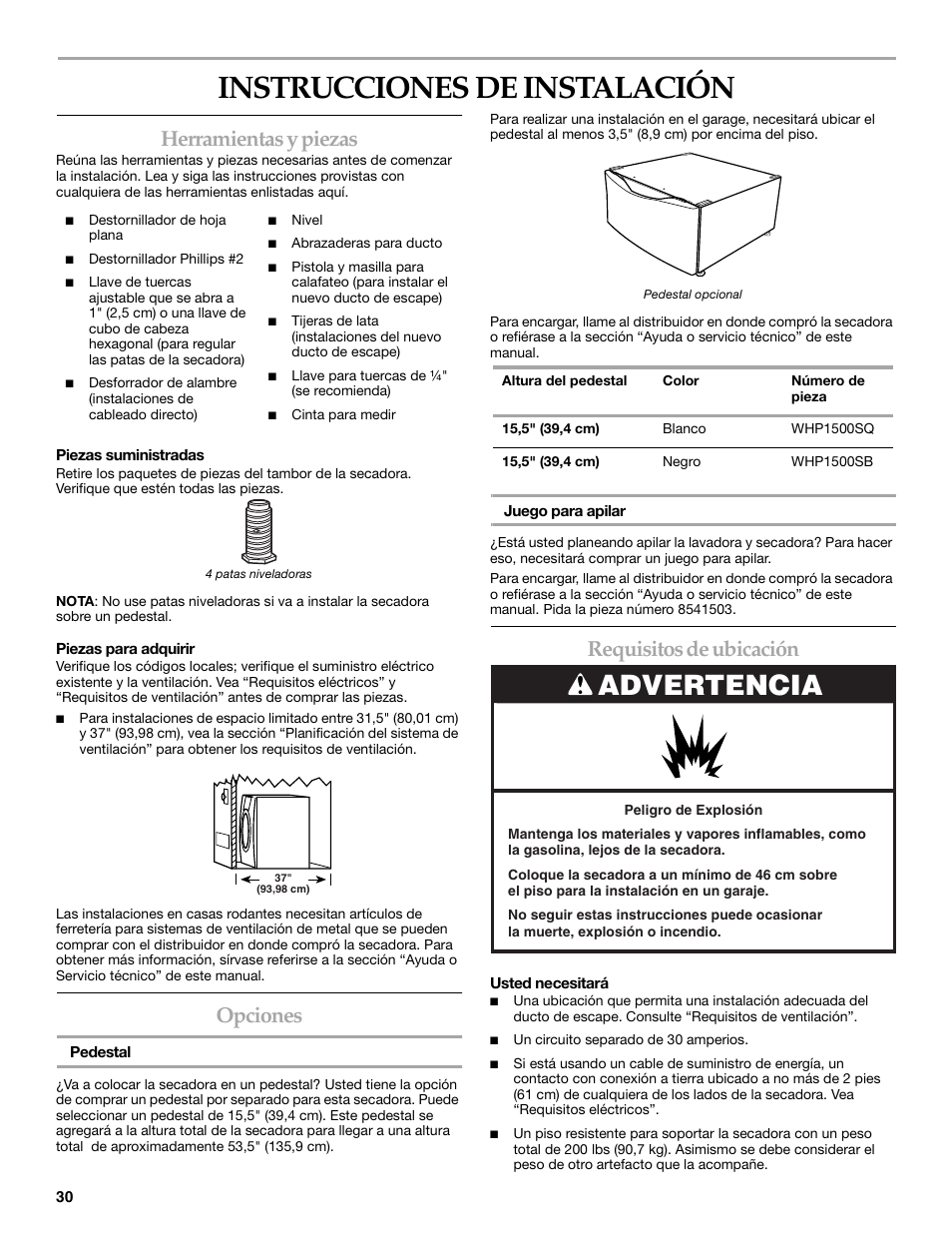 Instrucciones de instalación, Advertencia, Herramientas y piezas | Opciones, Requisitos de ubicación | Maytag W10099070 User Manual | Page 30 / 76