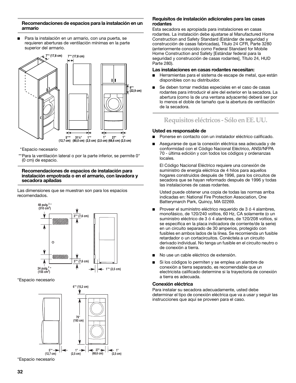 Requisitos eléctricos - sólo en ee. uu, Las instalaciones en casas rodantes necesitan, Usted es responsable de | Conexión eléctrica | Maytag W10099070 User Manual | Page 32 / 76