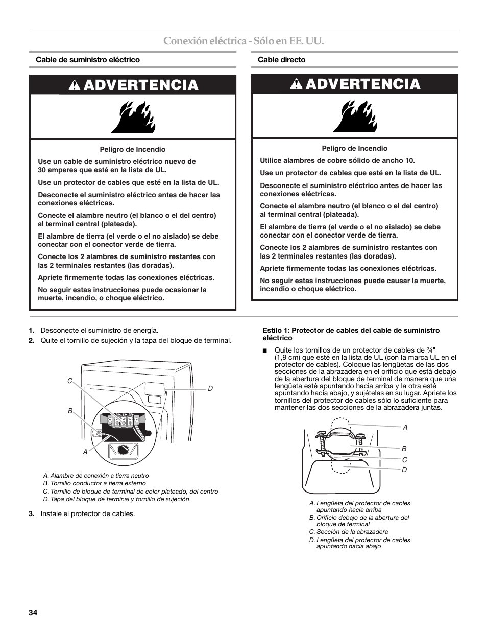 Advertencia, Conexión eléctrica - sólo en ee. uu | Maytag W10099070 User Manual | Page 34 / 76