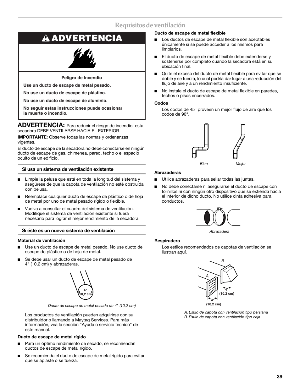 Requisitos de ventilación, Advertencia | Maytag W10099070 User Manual | Page 39 / 76