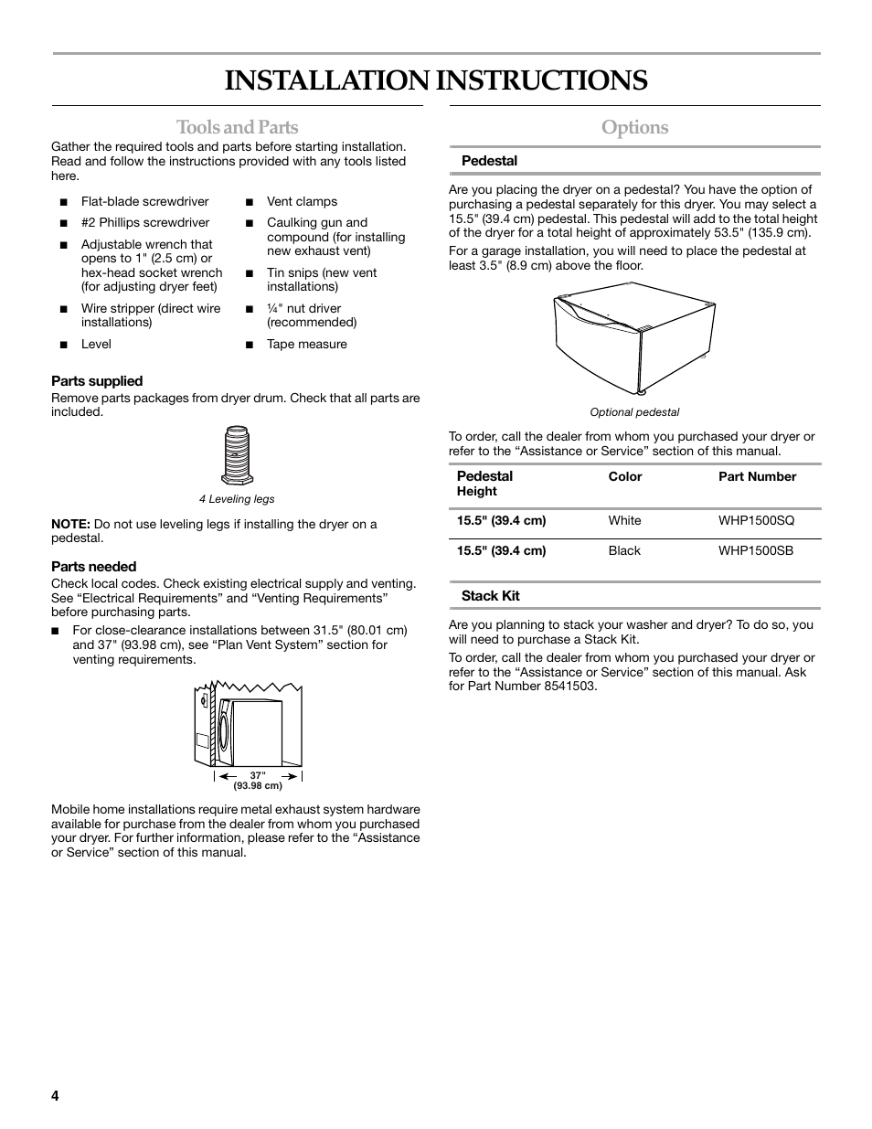 Installation instructions, Tools and parts, Options | Maytag W10099070 User Manual | Page 4 / 76