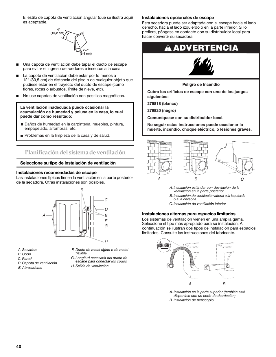 Advertencia, Planificación del sistema de ventilación | Maytag W10099070 User Manual | Page 40 / 76