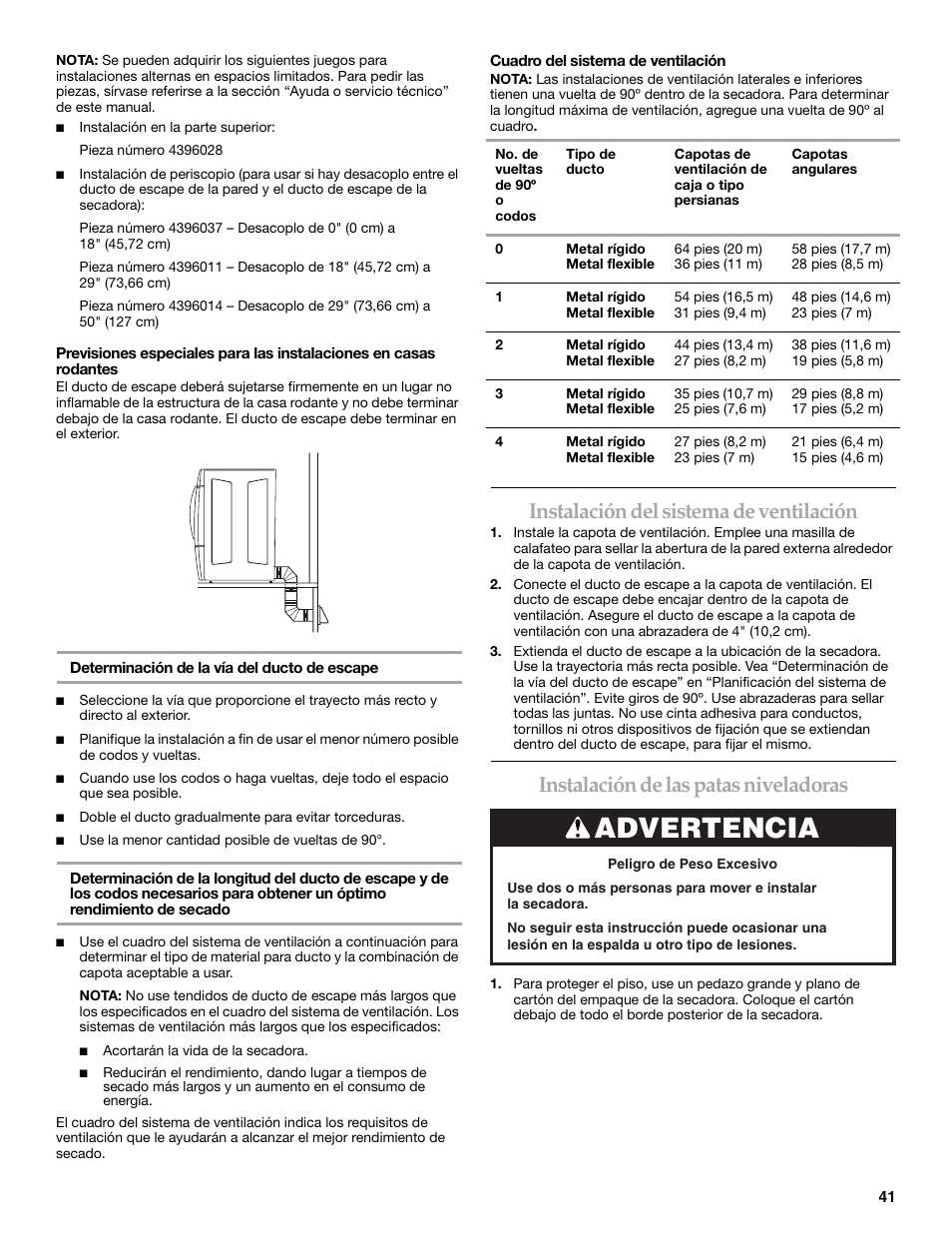 Advertencia, Instalación del sistema de ventilación, Instalación de las patas niveladoras | Maytag W10099070 User Manual | Page 41 / 76