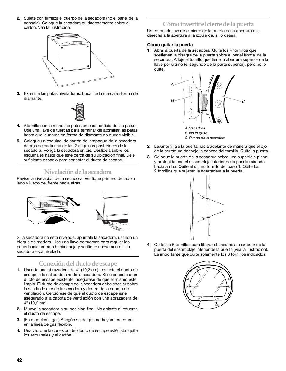 Nivelación de la secadora, Conexión del ducto de escape, Cómo invertir el cierre de la puerta | Maytag W10099070 User Manual | Page 42 / 76