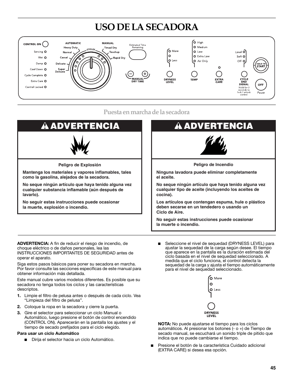 Uso de la secadora, Advertencia, Puesta en marcha de la secadora | Maytag W10099070 User Manual | Page 45 / 76