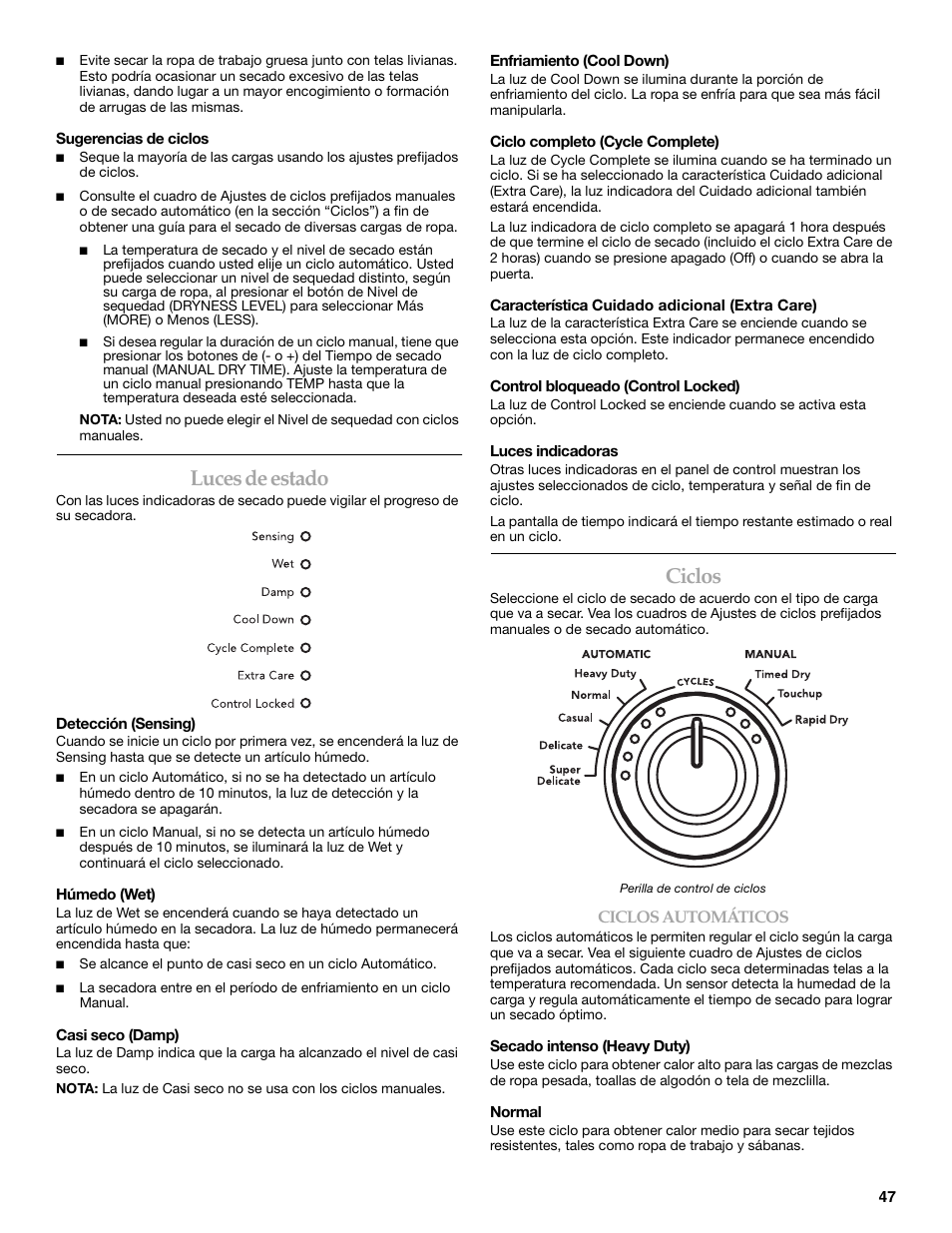 Luces de estado, Ciclos | Maytag W10099070 User Manual | Page 47 / 76